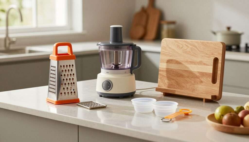 A beautifully arranged collection of multi-purpose kitchen tools showcased on a sleek, modern kitchen countertop. In the foreground, prominently feature a versatile kitchen gadget that combines slicing, grating, and measuring functions, alongside a pair of compact, collapsible measuring cups. In the middle ground, include a stylish, space-saving food processor and a multifunctional cutting board with integrated knife storage. The background displays an elegant kitchen setting, with natural light filtering through a window that highlights the tools' vibrant colors and sleek designs. Use a warm color palette to create an inviting atmosphere, and employ a soft depth of field to blur the distant kitchen elements slightly, ensuring the tools are the focal point of the image. The scene should evoke a sense of efficiency and organization in cooking.