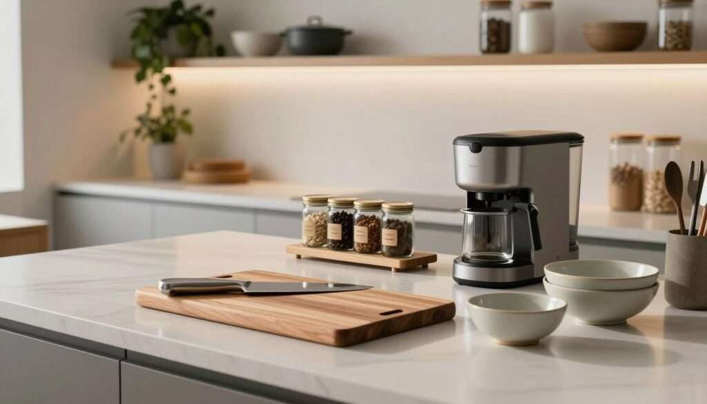 A beautifully arranged minimalist kitchen countertop featuring stylish essentials. In the foreground, display elegant kitchen tools like a sleek wooden cutting board, a polished stainless steel knife set, and artisanal ceramic bowls. In the middle ground, include a contemporary spice rack with neatly labeled glass jars and a chic, compact coffee maker. The background showcases softly lit shelves lined with greenery, tasteful cookware, and decorative jars. Use natural, warm lighting to create an inviting atmosphere, with a focus on soft shadows and light reflections to add depth. The angle should be slightly elevated to capture the entire countertop, conveying a sense of harmony and functionality in a modern kitchen setting.