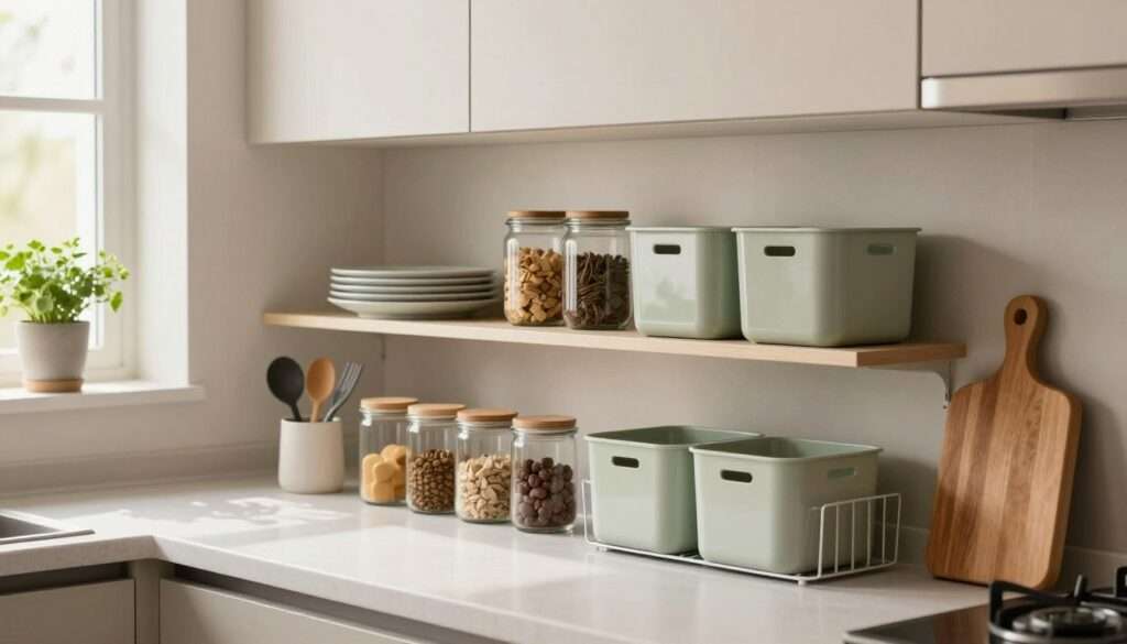 A beautifully arranged minimalist kitchen showcasing essential Amazon storage solutions. In the foreground, a sleek countertop features stylish containers for organizing spices and utensils, alongside a compact dish rack and cutting board. In the middle, open shelving displays neatly stacked plates, glass jars filled with pantry staples, and space-saving storage bins, all designed in muted colors for a harmonious look. The background features light, airy cabinetry with a hint of greenery from small potted herbs. Soft natural light filters through a window, illuminating the scene with a warm, inviting atmosphere. The image captures a sense of organization and simplicity, perfect for showcasing small kitchen storage hacks in a modern, elegant style. Shot with a soft focus lens from a slight angle to create depth and warmth.
