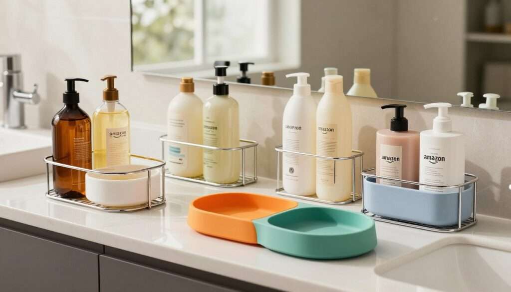 A beautifully arranged selection of Amazon's best shower caddies and bathroom organizers displayed on a sleek, modern bathroom counter. In the foreground, showcase stylish caddies with various compartments, crafted from durable materials like chrome and silicone, featuring vibrant colors and innovative designs. In the middle ground, incorporate organized bottles of shampoo, conditioner, and body wash elegantly placed within these caddies, reflecting a tidy, efficient bathroom setup. The background reveals a softly lit bathroom scene with subtle hints of natural light filtering through a frosted window, creating a serene ambiance. Use a warm and inviting color palette to enhance the inviting mood, captured with a soft focus lens to create a dreamy yet crisp aesthetic. Aim for a slightly elevated angle to emphasize the details and arrangement of the organizers.