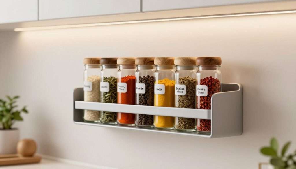 A beautifully designed magnetic spice rack mounted on a sleek, modern kitchen wall, showcasing an array of colorful spice jars with clear labeling. The foreground features an organized selection of spices in glass jars, each jar featuring unique, vibrant colors and natural materials for the lids. The middle ground captures the clean lines of the wall-mounted rack, illuminated by warm, soft lighting that enhances the kitchen’s cozy atmosphere. In the background, the kitchen space is minimalist and bright, with hints of greenery from potted herbs on the counter. The photo is taken at a slight angle, emphasizing depth and showcasing the functionality and style of the spice rack, creating an inviting and innovative vibe perfect for small kitchens.