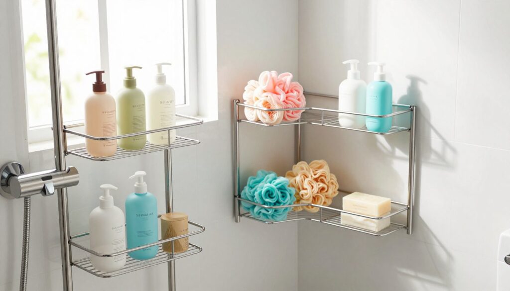 A beautifully organized bathroom scene featuring space-saving pole-style and corner caddies. In the foreground, showcase a sleek, stainless steel shower caddy with multiple shelves holding neatly arranged toiletries like shampoo, conditioner, and body wash bottles, along with stylish, matching containers for smaller items. The middle ground displays a corner caddy with a modern design, efficiently utilizing the space, filled with colorful bath accessories like loofahs and soaps. The background features a bright, airy bathroom setting with white tiles and soft, natural light streaming in from a frosted window, creating a serene ambiance. Capture this scene from a slightly angled perspective, using a soft lens to emphasize the practicality and elegance of each organizer, exuding a clean, minimalist vibe.