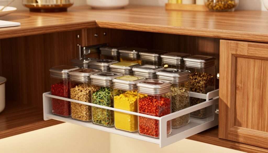 A beautifully organized cabinet spice rack showcasing an array of vibrant spice jars in transparent containers, neatly arranged on multiple pull-out shelves. The foreground features the spice jars with distinctive labels, varying colors like red, yellow, and green spices attracting attention. In the middle, the wooden cabinet structure displays elegant cabinetry with a sleek finish, emphasizing functionality and style. The background hints at a cozy kitchen atmosphere, with soft warm lighting illuminating the space, creating a welcoming vibe. The angle is slightly elevated, offering a clear view of the organized individual compartments, inviting viewers to appreciate the smart storage solution. Emphasize a clean and airy feel that highlights efficiency in small kitchen spaces. No text or additional elements present.