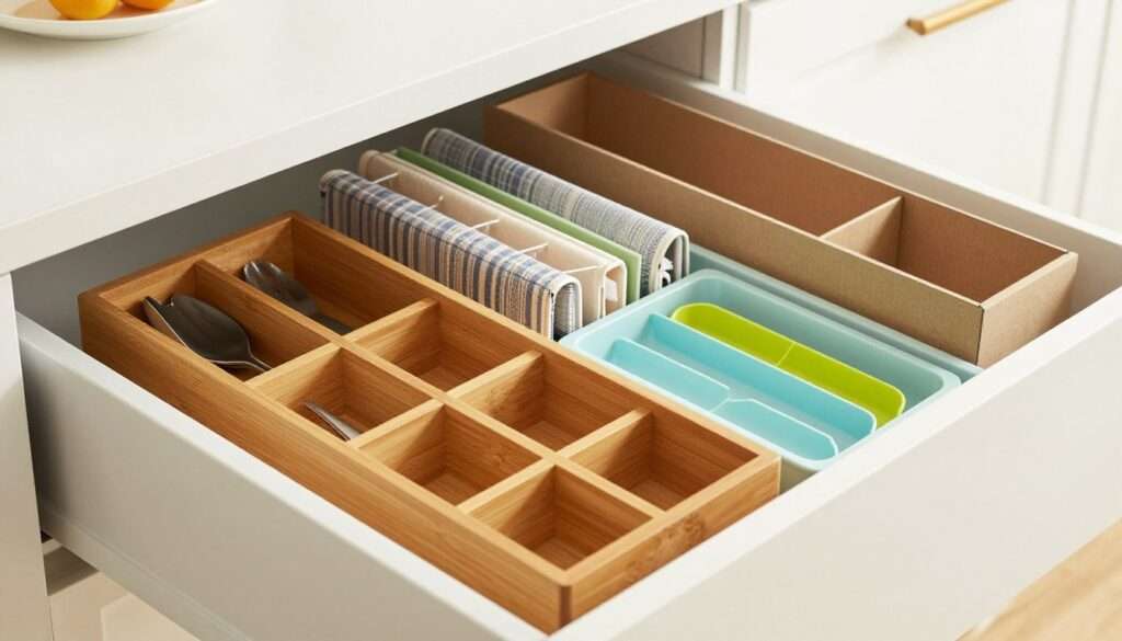 A beautifully organized kitchen drawer filled with top-rated drawer organizers showcasing a variety of styles. In the foreground, feature an elegant bamboo organizer divided into compartments for utensils, surrounded by a sleek, modern plastic cutlery tray in vibrant colors. In the middle, display stylish fabric drawer liners and expandable cardboard dividers that enhance organization. The background reveals a soft-focus kitchen setting with warm, natural lighting filtering through a nearby window, emphasizing a clean and inviting atmosphere. The angle is slightly above eye level, showcasing the drawer's contents neatly arranged. The mood is cheerful and efficient, highlighting the practicality and aesthetic appeal of each organizer style, perfect for modern kitchens. A beautifully organized kitchen drawer filled with top-rated drawer organizers showcasing a variety of styles. In the foreground, feature an elegant bamboo organizer divided into compartments for utensils, surrounded by a sleek, modern plastic cutlery tray in vibrant colors. In the middle, display stylish fabric drawer liners and expandable cardboard dividers that enhance organization. The background reveals a soft-focus kitchen setting with warm, natural lighting filtering through a nearby window, emphasizing a clean and inviting atmosphere. The angle is slightly above eye level, showcasing the drawer's contents neatly arranged. The mood is cheerful and efficient, highlighting the practicality and aesthetic appeal of each organizer style, perfect for modern kitchens.