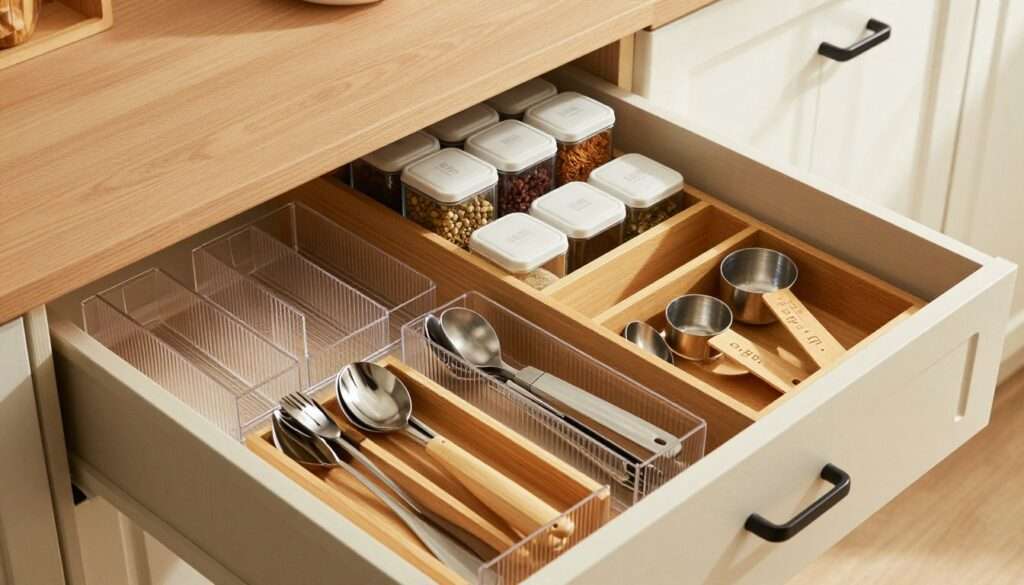 A beautifully organized kitchen drawer showcasing essential drawer organizers. In the foreground, display a variety of clear plastic dividers and wooden utensil trays holding neatly arranged kitchen tools, utensils, and cutlery. The middle section features a well-organized spice organizer with labeled containers, alongside a bamboo drawer insert filled with measuring cups and spoons. In the background, soft ambient light filters through a nearby window, casting gentle shadows that enhance the warm tones of the wood and the cleanliness of the organizers. The image should capture a sense of order and efficiency, with a focus on functionality and aesthetic appeal, using a slightly angled top-down perspective to provide a comprehensive view of the drawer's contents. A beautifully organized kitchen drawer showcasing essential drawer organizers. In the foreground, display a variety of clear plastic dividers and wooden utensil trays holding neatly arranged kitchen tools, utensils, and cutlery. The middle section features a well-organized spice organizer with labeled containers, alongside a bamboo drawer insert filled with measuring cups and spoons. In the background, soft ambient light filters through a nearby window, casting gentle shadows that enhance the warm tones of the wood and the cleanliness of the organizers. The image should capture a sense of order and efficiency, with a focus on functionality and aesthetic appeal, using a slightly angled top-down perspective to provide a comprehensive view of the drawer's contents.