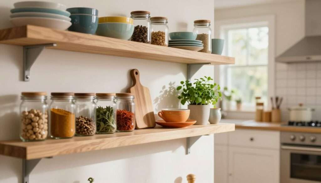 A beautifully organized kitchen featuring stylish open floating shelves. In the foreground, the shelves are adorned with an array of colorful ceramic dishware and glass jars filled with spices, neatly arranged for easy access. The middle section showcases a wooden cutting board and a fresh herb plant, adding a touch of greenery and life. The background features a softly blurred kitchen with bright, natural light streaming through a window, highlighting the warm tones of the cabinetry. The scene conveys an inviting and cozy atmosphere, ideal for cooking and entertaining, captured with a shallow depth of field to emphasize the stunning shelving. The lighting is soft and warm, creating a cheerful and organized space that inspires creativity. A beautifully organized kitchen featuring stylish open floating shelves. In the foreground, the shelves are adorned with an array of colorful ceramic dishware and glass jars filled with spices, neatly arranged for easy access. The middle section showcases a wooden cutting board and a fresh herb plant, adding a touch of greenery and life. The background features a softly blurred kitchen with bright, natural light streaming through a window, highlighting the warm tones of the cabinetry. The scene conveys an inviting and cozy atmosphere, ideal for cooking and entertaining, captured with a shallow depth of field to emphasize the stunning shelving. The lighting is soft and warm, creating a cheerful and organized space that inspires creativity.