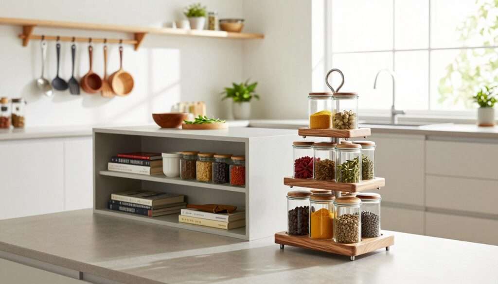 A beautifully organized modern kitchen showcasing innovative storage solutions that double as decor. In the foreground, a sleek, multi-tiered spice rack made of wood and metal, elegantly displaying colorful spices in stylish glass containers. To the left, a unique hanging rack holding kitchen utensils and carved wooden pots, adding a rustic touch. In the middle, an innovative, minimalist kitchen island with built-in shelves displaying decorative cookbooks and plants. The background features a bright, airy space with soft natural light streaming through a large window, illuminating the room. Capture this scene from a slightly elevated angle to emphasize depth and create a serene, inviting atmosphere that blends functionality with aesthetic appeal.