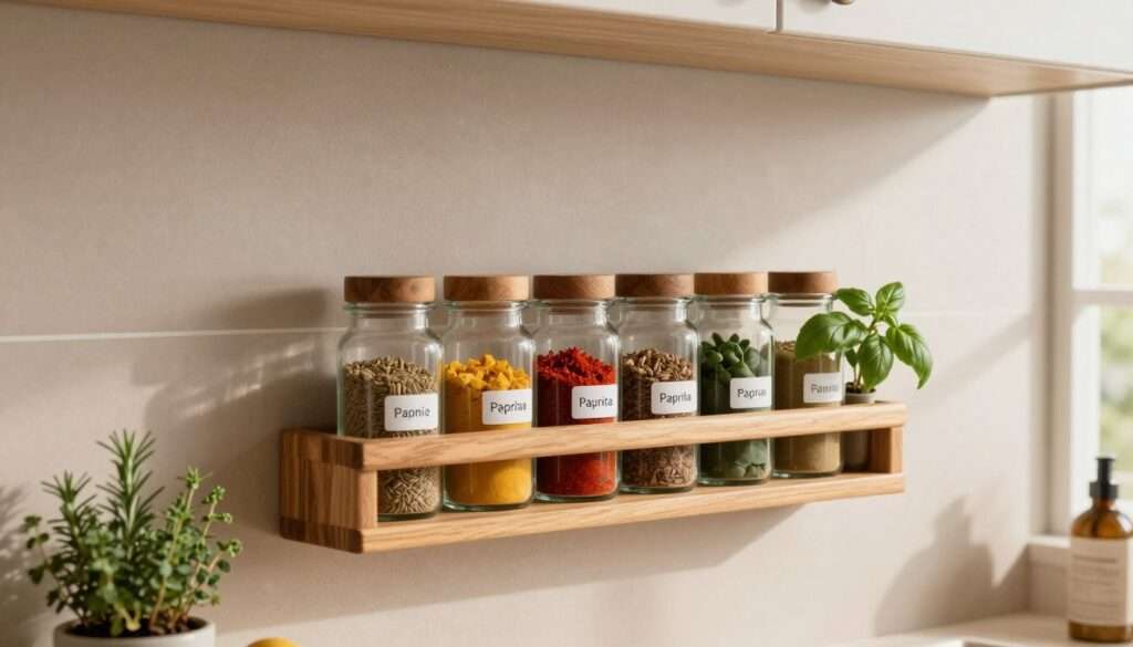 A beautifully organized wall-mounted spice rack displayed in a cozy, modern kitchen. The foreground features a wooden spice rack with neatly arranged glass jars filled with colorful spices, such as cumin, paprika, and basil, each labeled clearly. The middle ground captures a stylish backsplash in soft earth tones, complementing the rack. Small potted herbs, like rosemary and thyme, are positioned beside the rack, adding a touch of greenery. In the background, soft natural light filters through a window, illuminating the space and creating a warm, inviting atmosphere. The angle is slightly above eye level, providing a clear view of the spices and the overall kitchen aesthetics, embodying the essence of functional design in limited spaces.