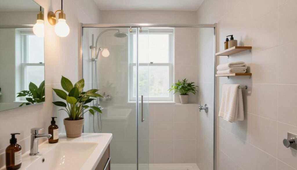 A beautifully renovated small bathroom featuring practical design tips. In the foreground, a stylish, modern sink with organized toiletries, accented by elegant lighting fixtures that cast a warm glow. In the middle, a compact shower area with a glass door and sleek tile work, flanked by two fresh potted plants adding a touch of greenery. The walls are adorned with minimalist shelving holding neatly arranged towels and decorative items. In the background, a window allows natural light to filter in, enhancing the sense of space. The overall mood is inviting and functional, reflecting a smart use of space to maximize value and function. The image should capture a bright and airy atmosphere, suitable for showcasing effective bathroom renovation strategies. A beautifully renovated small bathroom featuring practical design tips. In the foreground, a stylish, modern sink with organized toiletries, accented by elegant lighting fixtures that cast a warm glow. In the middle, a compact shower area with a glass door and sleek tile work, flanked by two fresh potted plants adding a touch of greenery. The walls are adorned with minimalist shelving holding neatly arranged towels and decorative items. In the background, a window allows natural light to filter in, enhancing the sense of space. The overall mood is inviting and functional, reflecting a smart use of space to maximize value and function. The image should capture a bright and airy atmosphere, suitable for showcasing effective bathroom renovation strategies.