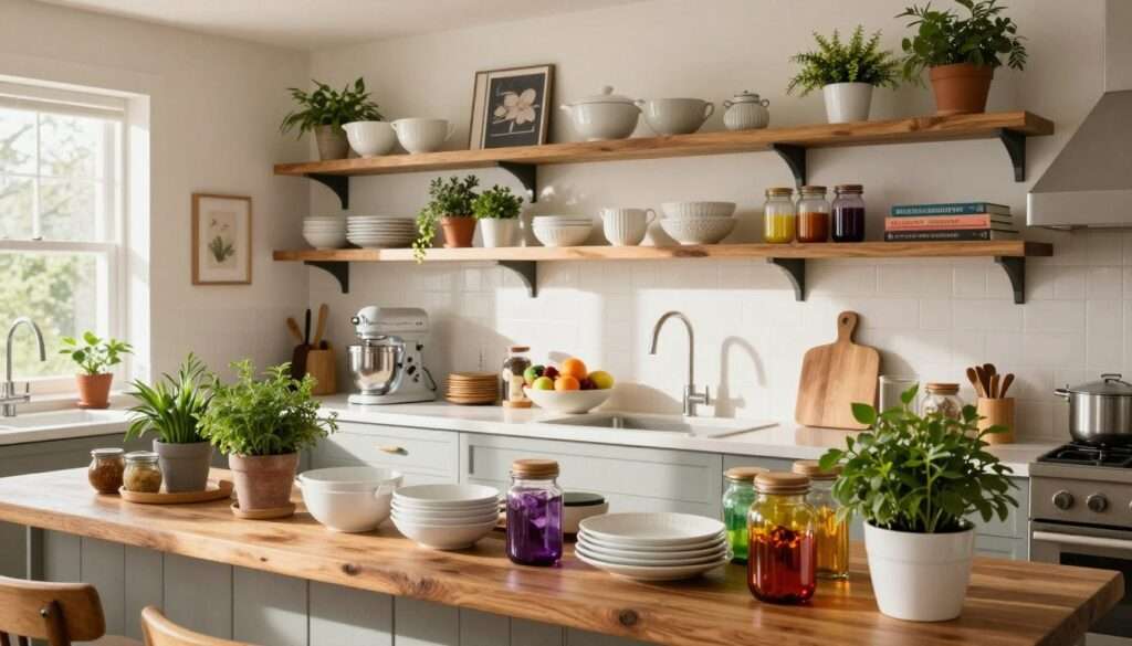 A beautifully styled kitchen featuring open decorative shelving, showcasing an array of artisanal kitchenware, vibrant plants, and decorative cookbooks. In the foreground, a rustic wooden shelf brimming with white ceramic dishes, colorful glass jars, and green potted herbs. The middle ground reveals a sleek countertop adorned with a stylish stand mixer and a bowl filled with fresh fruits. In the background, the kitchen is filled with warm, natural light pouring in from a nearby window, casting soft shadows. The overall atmosphere is inviting and cozy, emphasizing a blend of modern and classic elements, with a clean, elegant aesthetic. The camera angle should be slightly elevated, capturing the depth of the shelving and the inviting kitchen space.