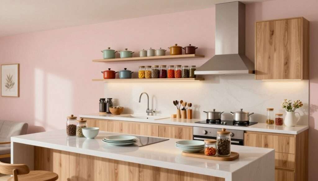A beautifully updated tiny apartment kitchen showcasing budget-friendly updates that exude luxury. In the foreground, a sleek, modern countertop is adorned with stylish yet affordable kitchen accessories, such as elegant dishware and decorative jars. The middle ground features chic open shelving displaying organized, colorful spices and pots, creating an inviting atmosphere. The background reveals a freshly painted wall in a soft pastel hue, complementing the natural wood accents on the cabinets. Soft, warm lighting illuminates the space, creating a cozy ambiance, while a wide-angle view captures the entirety of the kitchen. The overall mood is inviting and aspirational, emphasizing practical elegance that enhances small living spaces.