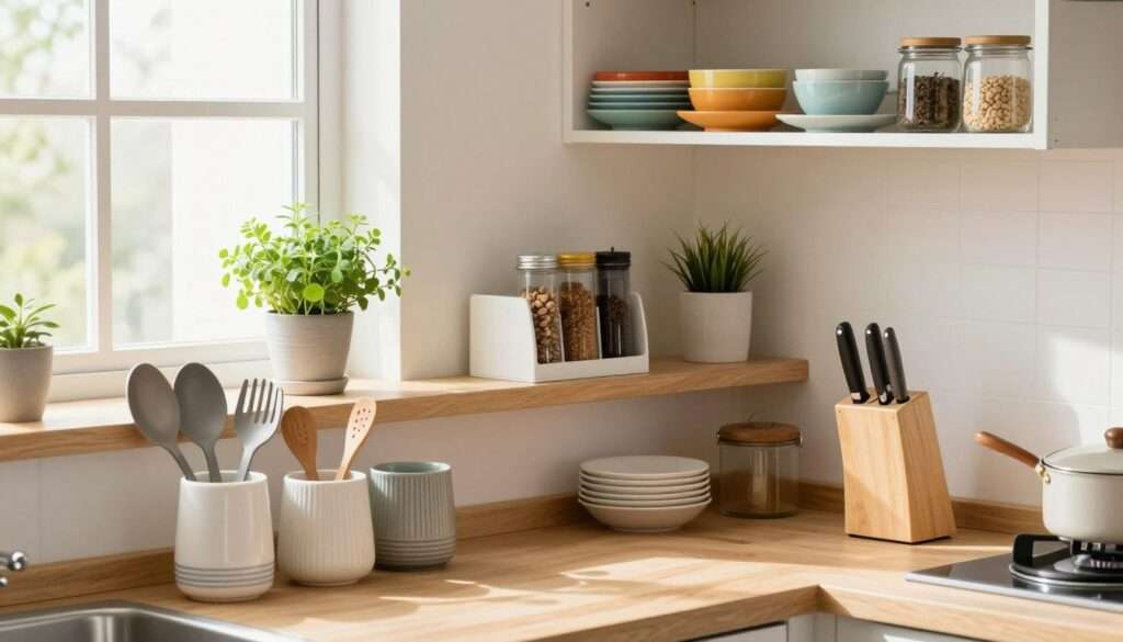 A bright and inviting small apartment kitchen showcasing effective organization tips that keep countertops clutter-free. In the foreground, neatly arranged kitchen utensils in stylish containers, with a sleek knife block. The middle layer features a clean countertop with a compact spice rack, vibrant potted herbs, and minimalistic decorative accents. The background displays open shelving filled with colorful dishware and glass jars, emphasizing an organized aesthetic. Soft natural lighting streams in from a window, creating a warm atmosphere. The angle captures both functionality and beauty, perfect for tiny living spaces. Overall, the scene exudes a sense of calm and efficiency, encouraging viewers to embrace smart organization in their kitchen.