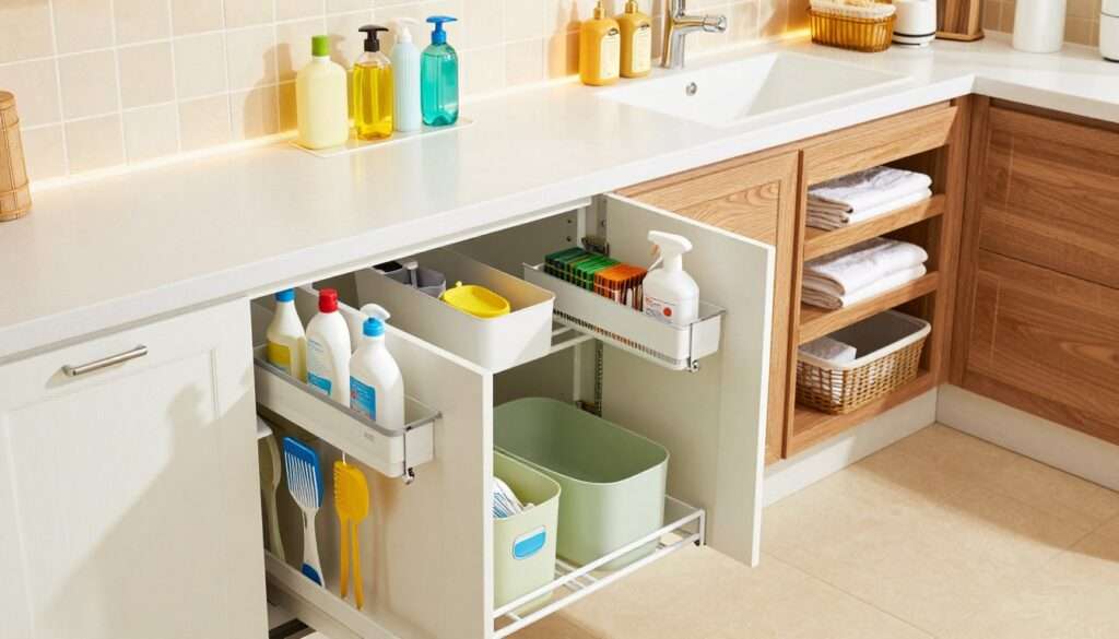 A bright, modern kitchen and bathroom scene featuring well-organized under sink storage solutions. In the foreground, showcase a stylish kitchen cabinet with sleek pull-out organizers displaying cleaning supplies, kitchen gadgets, and storage bins arranged orderly. In the middle, a bathroom vanity with elegant wooden drawers highlights practical shelving systems with toiletries, towels, and small baskets. The background features tiled walls and under-counter lighting that casts a warm, inviting glow. Use a slightly elevated angle to capture the depth and accessibility of the organizers. The atmosphere feels fresh and functional, emphasizing the importance of organization in enhancing home aesthetics, with vivid colors and clean lines accentuating the efficiency of these products.