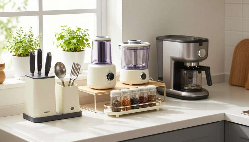 A bright, modern kitchen countertop featuring a variety of compact functional kitchen accessories designed to maximize efficiency. In the foreground, showcase a stylish knife holder, a space-saving utensil organizer, and an elegant spice rack. The middle layer should include a compact food processor and a modern coffee maker, arranged neatly to emphasize their functionality. In the background, natural light floods in through a window adorned with simple curtains, illuminating a potted herb plant for a touch of greenery. Use a soft focus to draw attention to the accessories while keeping the overall atmosphere warm and inviting. Capture the scene with a wide-angle lens to convey openness and practicality, ensuring the image feels both organized and sophisticated. A bright, modern kitchen countertop featuring a variety of compact functional kitchen accessories designed to maximize efficiency. In the foreground, showcase a stylish knife holder, a space-saving utensil organizer, and an elegant spice rack. The middle layer should include a compact food processor and a modern coffee maker, arranged neatly to emphasize their functionality. In the background, natural light floods in through a window adorned with simple curtains, illuminating a potted herb plant for a touch of greenery. Use a soft focus to draw attention to the accessories while keeping the overall atmosphere warm and inviting. Capture the scene with a wide-angle lens to convey openness and practicality, ensuring the image feels both organized and sophisticated.