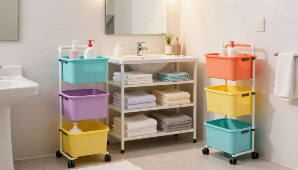 A bright, well-organized bathroom setting showcasing affordable bathroom storage solutions. In the foreground, display a colorful variety of portable shower caddies made of durable, lightweight materials, featuring compartments for toiletries and personal care items. The middle layer includes a simple, modern shelving unit with neatly arranged towels and storage bins, emphasizing budget-friendly organization. The background shows a clean, inviting shared bathroom environment with tiled walls and a large mirror reflecting natural light. Soft, warm lighting creates a cozy atmosphere, enhancing the sense of accessibility and practicality. The overall mood is cheerful and functional, perfect for dorms and shared living spaces, illustrating efficient storage options for everyday needs.