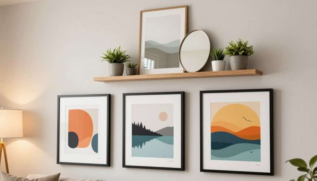 A collection of stylish framed wall art pieces displayed on a well-designed living room wall. In the foreground, showcase three affordable framed prints featuring vibrant abstract designs and serene landscapes, all priced under $50. The middle layer features a decorative shelf adorned with small potted plants and a couple of minimalist mirrors, enhancing the decor's appeal. In the background, soft lighting emanates from a nearby lamp, creating a warm and inviting atmosphere. The angle captures the wall art and décor items from a slightly elevated perspective, showcasing their colors and textures. The overall mood is modern, chic, and cozy, perfect for any budget-conscious homeowner looking to elevate their space. Avoid any text, watermarks, or signatures in the image.