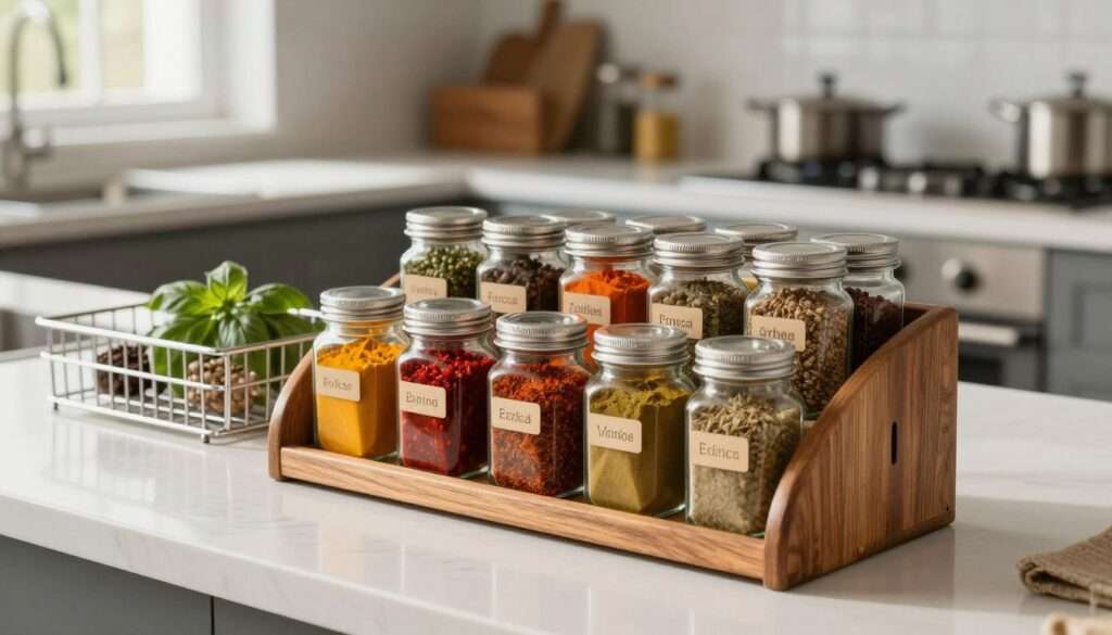 A comprehensive materials guide for spice racks featuring an organized display. In the foreground, a beautifully crafted wooden spice rack showcases jars labeled with various spices; the rack is made from warm, rich oak with a sturdy design. In the middle ground, glass jars highlight their contents with colorful spices like paprika, turmeric, and basil, while stainless steel racks and metal organizers hint at alternative materials. A background of a modern, busy kitchen with sleek countertops, featuring a well-lit atmosphere created by natural sunlight streaming through a window, enhances the scene. Shot with a shallow depth of field to focus on the spice rack, the overall mood is informative and inviting, reflecting a functional kitchen space that emphasizes durability and aesthetic appeal for everyday cooking.