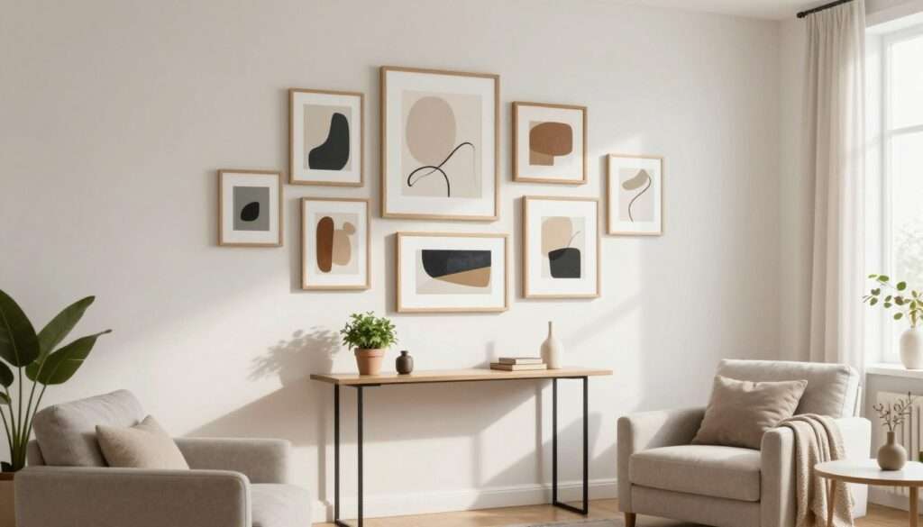 A contemporary small living room featuring modern wall decor designed for space efficiency. In the foreground, showcase a stylish, minimalist gallery wall with various framed abstract art pieces in light wood and muted colors. Include a small, sleek console table beneath the art, adorned with a potted plant and decorative items. The middle ground captures a cozy seating arrangement, such as a compact sofa or armchair, upholstered in a soft, neutral fabric. The background depicts gentle natural light coming in from a window, highlighting the decor and creating a warm, inviting atmosphere. Use a slightly elevated camera angle to capture the entire scene, emphasizing the sense of space and harmony.