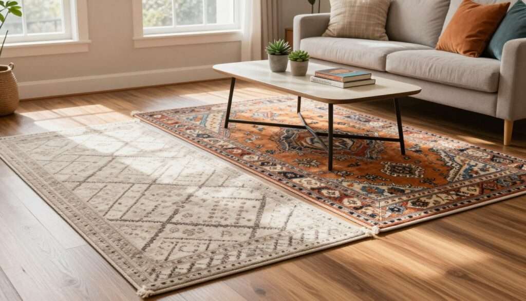 A cozy living room scene featuring three stylish washable area rugs in various patterns and colors, showcasing their versatility and appeal. In the foreground, a soft, neutral-toned rug with a geometric design lies on a polished wooden floor, with delicate shadows adding depth. In the middle, a vibrant, bohemian patterned rug in warm, earthy tones complements a modern coffee table adorned with potted succulents and a stack of books. The background showcases a welcoming space with soft natural light streaming in through large windows, illuminating a plush sofa with colorful throw pillows. A textured wall adds warmth, creating an inviting atmosphere perfect for highlighting budget-friendly home décor. No people are present, allowing the focus to remain solely on the rugs.