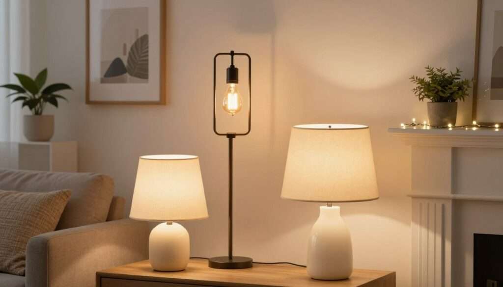 A cozy living room setting showcasing various affordable lighting options under $50. The foreground features a stylish table lamp with a warm, inviting glow, its sleek design complemented by a soft fabric shade. Beside it, a modern floor lamp with a minimalist metal frame and an Edison bulb adds an industrial touch. In the middle ground, a string of decorative fairy lights elegantly drapes across a mantle, casting gentle shadows. The background reveals soft, neutral-toned walls adorned with framed art and a potted plant, creating a harmonious ambiance. Use soft, diffused lighting to emphasize the warmth of the lamps while maintaining a bright and cheerful atmosphere. The angle should capture an inviting and comfortable space, perfect for relaxing or entertaining guests.