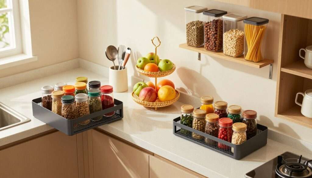 A cozy, modern kitchen in a small apartment featuring innovative kitchen organizers. In the foreground, showcase a sleek wall-mounted spice rack filled with colorful spice jars and a compact dish drying rack. The middle ground highlights a multi-tiered fruit basket atop a minimalist counter with neatly organized utensils in a holder. Wall-mounted shelves display clear containers with grains and pasta, adding a sense of open space. The background reveals a small window with soft, natural light streaming in, creating a warm and inviting atmosphere. Use a slightly elevated angle to capture the organization and arrangement, emphasizing functionality and style in small spaces. The mood should reflect a blend of efficiency and comfort, ideal for urban living. A cozy, modern kitchen in a small apartment featuring innovative kitchen organizers. In the foreground, showcase a sleek wall-mounted spice rack filled with colorful spice jars and a compact dish drying rack. The middle ground highlights a multi-tiered fruit basket atop a minimalist counter with neatly organized utensils in a holder. Wall-mounted shelves display clear containers with grains and pasta, adding a sense of open space. The background reveals a small window with soft, natural light streaming in, creating a warm and inviting atmosphere. Use a slightly elevated angle to capture the organization and arrangement, emphasizing functionality and style in small spaces. The mood should reflect a blend of efficiency and comfort, ideal for urban living.