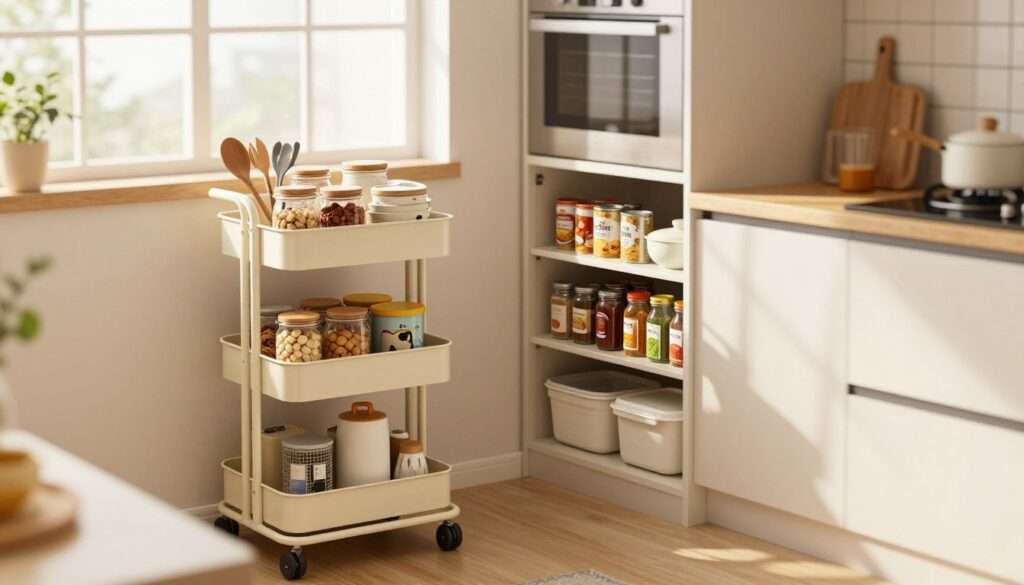 A cozy small kitchen featuring an array of innovative storage solutions tailored for limited spaces. In the foreground, a stylish rolling cart filled with neatly organized jars, utensils, and small appliances shows its versatility. The middle ground displays a slim, mobile pantry unit with shelves stocked with canned goods and spices, easily accessible yet compact. A window in the background floods the room with warm natural light, highlighting the kitchen's modern aesthetic and cheerful ambiance. Use a soft focus to create a peaceful atmosphere, emphasizing the clever organization of items. The angle is slightly tilted to capture the depth and layout of the kitchen, showcasing both function and style in an inviting urban apartment setting. A cozy small kitchen featuring an array of innovative storage solutions tailored for limited spaces. In the foreground, a stylish rolling cart filled with neatly organized jars, utensils, and small appliances shows its versatility. The middle ground displays a slim, mobile pantry unit with shelves stocked with canned goods and spices, easily accessible yet compact. A window in the background floods the room with warm natural light, highlighting the kitchen's modern aesthetic and cheerful ambiance. Use a soft focus to create a peaceful atmosphere, emphasizing the clever organization of items. The angle is slightly tilted to capture the depth and layout of the kitchen, showcasing both function and style in an inviting urban apartment setting.