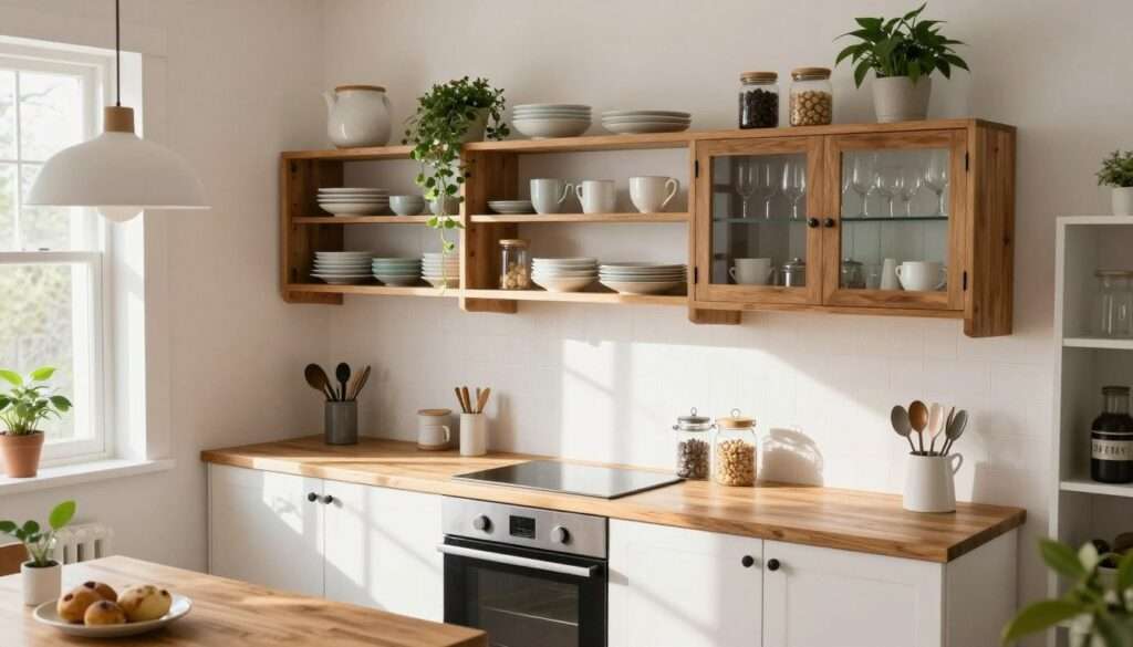 A cozy small kitchen featuring open shelving with neatly organized dishware, jars, and plants creating a warm and inviting space. The shelves are made of rustic wood against a bright, airy backdrop. Glass cabinet doors showcase elegant glassware and decorative pieces, enhancing the sense of space and light. Sunlight streams in through a nearby window, casting soft natural light and creating gentle shadows. The scene is captured from a slightly elevated angle for an expansive view, highlighting the layout and functionality of the kitchen. Include subtle details like a stylish pendant light hanging above a small dining table, adding to the contemporary atmosphere. The overall mood is functional yet welcoming, perfect for making a small kitchen feel larger and more open. A cozy small kitchen featuring open shelving with neatly organized dishware, jars, and plants creating a warm and inviting space. The shelves are made of rustic wood against a bright, airy backdrop. Glass cabinet doors showcase elegant glassware and decorative pieces, enhancing the sense of space and light. Sunlight streams in through a nearby window, casting soft natural light and creating gentle shadows. The scene is captured from a slightly elevated angle for an expansive view, highlighting the layout and functionality of the kitchen. Include subtle details like a stylish pendant light hanging above a small dining table, adding to the contemporary atmosphere. The overall mood is functional yet welcoming, perfect for making a small kitchen feel larger and more open.