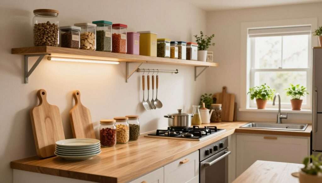 A cozy small kitchen organized for maximum efficiency. In the foreground, a beautifully arranged countertop with neatly stacked plates, a wooden cutting board, and glass jars filled with spices. In the middle, wall-mounted shelves displaying colorful, labeled containers for dry goods and hanging utensils for easy access. Soft, warm lighting illuminates the space, creating an inviting atmosphere. The background reveals a compact yet stylish stove and sink area, with a small herb garden on the windowsill, showcasing fresh green plants. A wide-angle view captures the harmonious balance between functionality and aesthetics, emphasizing decluttering techniques while maintaining a charming decor. The overall feel is warm, organized, and practical, perfect for small kitchen settings. A cozy small kitchen organized for maximum efficiency. In the foreground, a beautifully arranged countertop with neatly stacked plates, a wooden cutting board, and glass jars filled with spices. In the middle, wall-mounted shelves displaying colorful, labeled containers for dry goods and hanging utensils for easy access. Soft, warm lighting illuminates the space, creating an inviting atmosphere. The background reveals a compact yet stylish stove and sink area, with a small herb garden on the windowsill, showcasing fresh green plants. A wide-angle view captures the harmonious balance between functionality and aesthetics, emphasizing decluttering techniques while maintaining a charming decor. The overall feel is warm, organized, and practical, perfect for small kitchen settings.