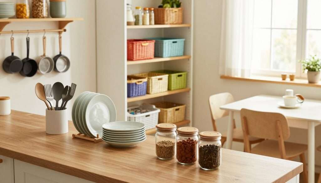 A cozy small kitchen showcasing smart organization ideas. In the foreground, a well-arranged counter features a stylish utensil holder, neatly stacked plates, and decorative jars filled with spices. The middle ground includes open shelving with colorful baskets, maximizing vertical space, along with hanging pots and pans. In the background, light shines through a window, creating an airy feel and highlighting a small dining nook with a compact table and chairs. Use soft, natural lighting to enhance the inviting atmosphere, and capture the scene from a slightly elevated angle to emphasize the space-saving techniques. The mood is organized and efficient, prompting viewers to envision themselves in this streamlined, clutter-free kitchen. A cozy small kitchen showcasing smart organization ideas. In the foreground, a well-arranged counter features a stylish utensil holder, neatly stacked plates, and decorative jars filled with spices. The middle ground includes open shelving with colorful baskets, maximizing vertical space, along with hanging pots and pans. In the background, light shines through a window, creating an airy feel and highlighting a small dining nook with a compact table and chairs. Use soft, natural lighting to enhance the inviting atmosphere, and capture the scene from a slightly elevated angle to emphasize the space-saving techniques. The mood is organized and efficient, prompting viewers to envision themselves in this streamlined, clutter-free kitchen.