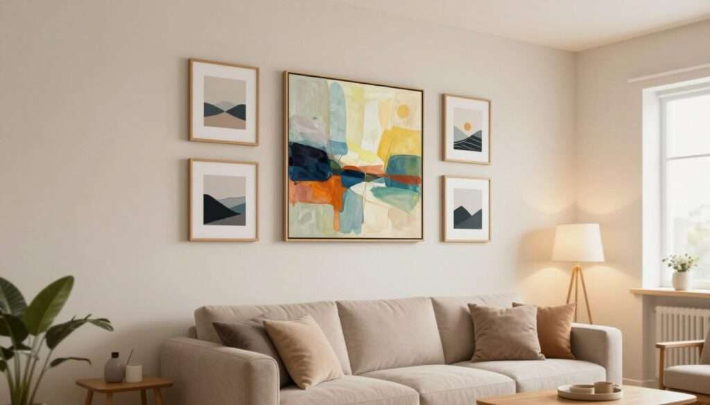 A cozy small living room featuring a stylish arrangement of wall art. In the foreground, a vibrant abstract painting hangs on a light pastel wall, creating an inviting focal point. To the sides, smaller framed prints of landscapes and minimalist designs are strategically placed, enhancing the visual interest without overwhelming the space. The middle section showcases a comfortable couch adorned with plush cushions, complemented by a small coffee table. In the background, a warm, soft light fills the room through a nearby window, creating a homely ambiance. The perspective is slightly elevated, capturing the wall art and furniture arrangement in a way that highlights functionality and aesthetic appeal, emphasizing harmony and balance in a small living area. The overall mood is serene, yet stylish, perfect for illustrating smart wall décor ideas.