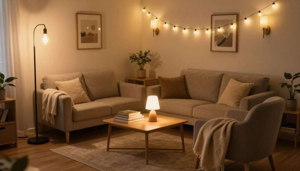 A cozy small living room featuring a variety of budget-friendly lighting options. In the foreground, a stylish floor lamp with a warm bulb illuminates a comfortable armchair draped with a soft blanket. In the middle, a small coffee table displays a stack of books alongside a compact table lamp with a unique design. Hang string lights above the seating area, casting a gentle glow. The background reveals a wall adorned with wall-mounted sconces, highlighting framed artwork. Use soft, warm lighting to create an inviting atmosphere that enhances the ambiance of the room. Capture the image from a slightly elevated angle to show the entire layout, emphasizing the cozy and welcoming environment.