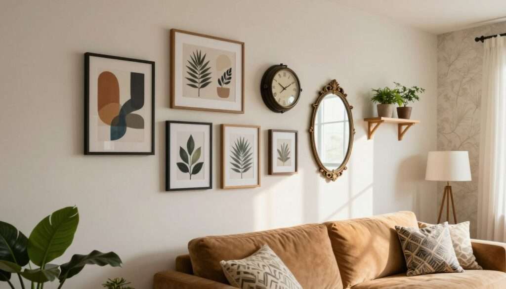 A cozy small living room showcasing best wall décor ideas, featuring a blend of wall art styles. In the foreground, an elegant gallery wall includes framed abstract paintings, botanical prints, and a small wall shelf with potted plants. In the middle, a vintage wall clock and a decorative mirror enhance the space, while light streams in through a window, casting soft shadows. The background reveals light-colored wallpaper and a warm-toned sofa adorned with patterned cushions. Use soft, diffused lighting to create a welcoming atmosphere, emphasizing a sense of openness. Angle the shot to capture both the wall decorations and the inviting furniture arrangement, instilling a modern yet homey feel.