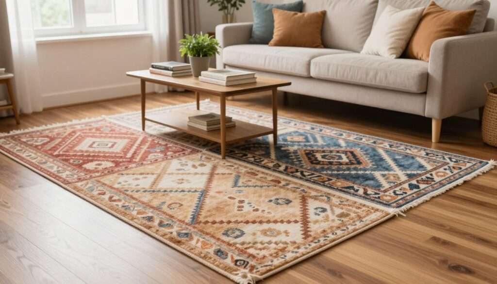 A cozy, stylish small living room featuring an assortment of affordable area rugs that showcase various patterns and colors. In the foreground, a soft, geometric-patterned rug in warm earth tones lies on a polished wooden floor. The middle ground includes a small coffee table with an inviting arrangement of books and a potted plant, enhancing the room's welcoming atmosphere. The background showcases a light-colored sofa adorned with cushions in complementary colors, framed by soft natural light streaming through a nearby window. The overall mood is warm and inviting, ideal for budget-conscious decorating, with a focus on creating a harmonious and stylish space. Use a bright, soft focus with natural lighting to emphasize the rugs and the inviting ambiance of the small living room.