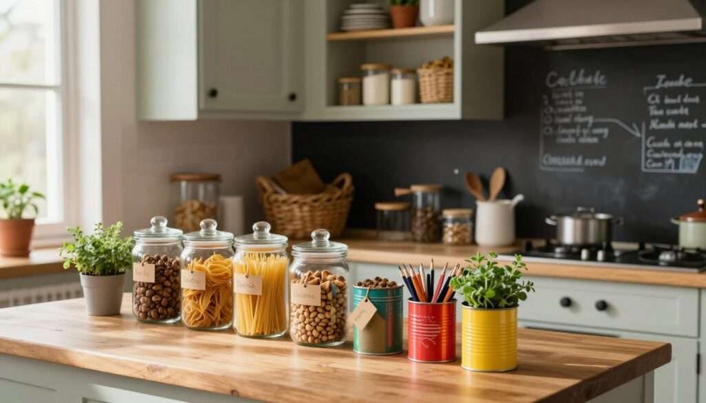 A cozy, well-organized small kitchen featuring creative storage solutions using repurposed household items. In the foreground, a wooden countertop displays clear jars filled with dry pasta, nuts, and spices, each labeled with simple tags. Brightly colored, upcycled tin cans serve as pencil holders and small planters for herbs. In the middle ground, open shelving showcases neatly stacked, repurposed glass containers and baskets made from recycled materials. The background shows painted cabinets and a chalkboard wall for notes and recipes, with natural light streaming in from a nearby window, casting gentle shadows that add warmth to the scene. The atmosphere is inviting and practical, encouraging viewers to embrace budget-friendly organization ideas. The angle is slightly elevated, capturing the entire kitchen layout harmoniously. A cozy, well-organized small kitchen featuring creative storage solutions using repurposed household items. In the foreground, a wooden countertop displays clear jars filled with dry pasta, nuts, and spices, each labeled with simple tags. Brightly colored, upcycled tin cans serve as pencil holders and small planters for herbs. In the middle ground, open shelving showcases neatly stacked, repurposed glass containers and baskets made from recycled materials. The background shows painted cabinets and a chalkboard wall for notes and recipes, with natural light streaming in from a nearby window, casting gentle shadows that add warmth to the scene. The atmosphere is inviting and practical, encouraging viewers to embrace budget-friendly organization ideas. The angle is slightly elevated, capturing the entire kitchen layout harmoniously.