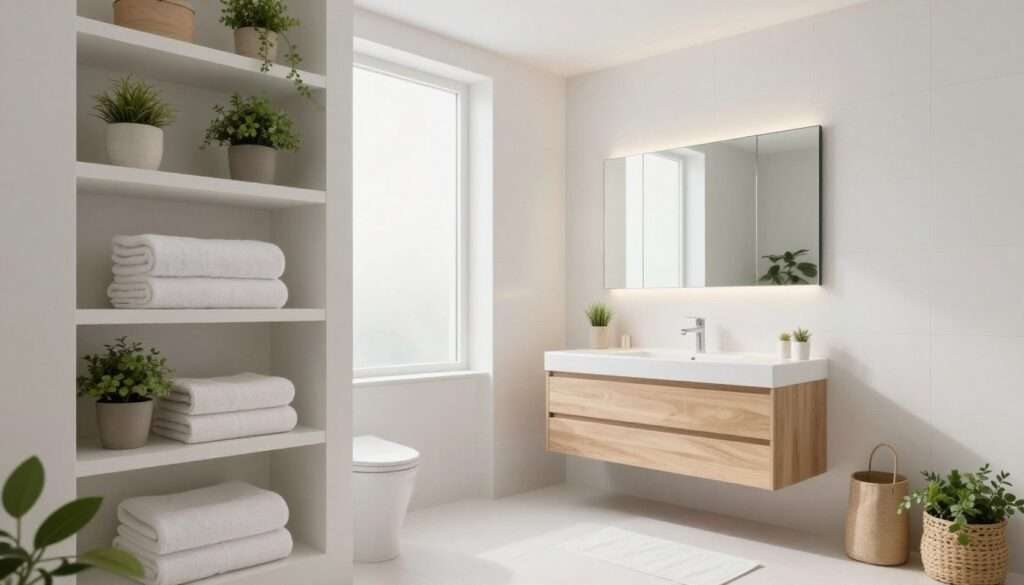 A modern bathroom featuring built-in shelving, designed to maximize storage in a small space. In the foreground, sleek open shelves display neatly organized towels and small potted plants, creating an inviting, minimalist aesthetic. The middle ground showcases a stylish vanity with a large mirror and soft lighting that reflects off the pristine tiled walls. In the background, a frosted glass window allows natural light to illuminate the space, enhancing the airy atmosphere. Use a wide-angle lens to capture the entire setting, highlighting the efficient use of space and clever design. The overall mood is calm and serene, with a fresh color palette of whites, soft pastels, and natural wood elements. A modern bathroom featuring built-in shelving, designed to maximize storage in a small space. In the foreground, sleek open shelves display neatly organized towels and small potted plants, creating an inviting, minimalist aesthetic. The middle ground showcases a stylish vanity with a large mirror and soft lighting that reflects off the pristine tiled walls. In the background, a frosted glass window allows natural light to illuminate the space, enhancing the airy atmosphere. Use a wide-angle lens to capture the entire setting, highlighting the efficient use of space and clever design. The overall mood is calm and serene, with a fresh color palette of whites, soft pastels, and natural wood elements.