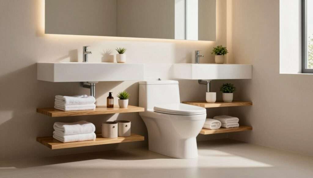 A modern bathroom featuring stylish over-the-toilet storage solutions. In the foreground, a sleek wooden shelf unit adorned with neatly arranged towels, decorative storage bins, and small potted plants. The middle section includes a toilet with a clean, minimalist design, seamlessly integrated with the shelf above it. The backdrop shows a softly lit bathroom, with neutral-colored walls and a large mirror reflecting light, creating an inviting atmosphere. Warm, natural lighting filters through a nearby window, casting gentle shadows and enhancing the serene mood. A wide-angle perspective captures the entire layout, emphasizing space-saving elegance and functionality, perfect for small bathroom environments. No text or branding elements present. Small bathroom storage ideas