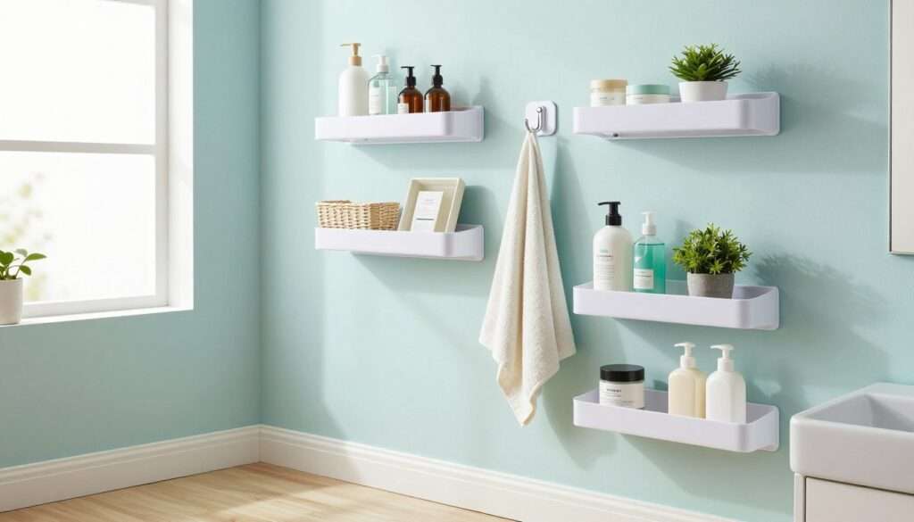 A modern bathroom scene featuring adhesive bathroom shelves and hooks in a stylish, organized arrangement. In the foreground, the shelves are filled with neatly arranged toiletries, potted plants, and decorative items, all secured with peel-and-stick solutions. The middle ground shows the sleek hooks attached to the wall, holding towels and small baskets for extra storage. The background features soft, diffused natural light streaming in from a frosted window, enhancing the clean and airy atmosphere. The walls are painted a soothing pastel color, and the flooring is light-colored wood for a contemporary feel. The overall mood is serene and functional, ideal for renters seeking innovative storage solutions.