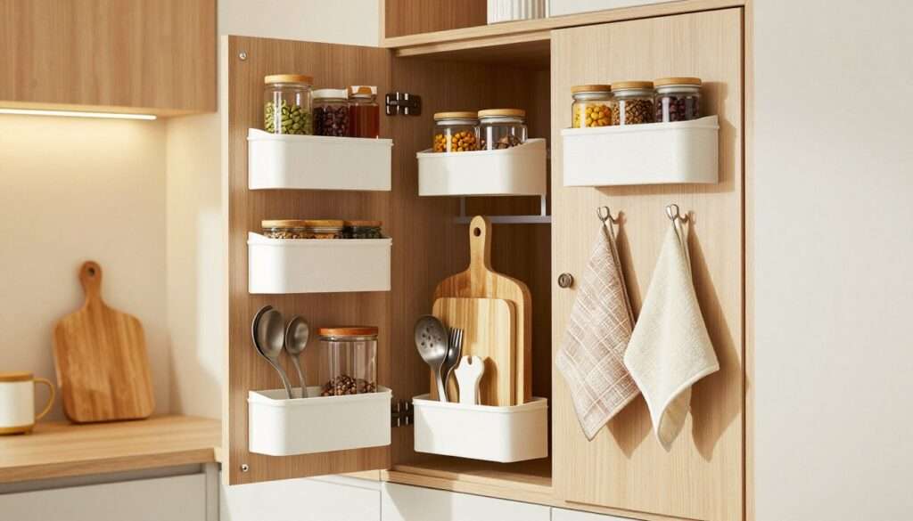 A modern kitchen cabinet door filled with various smart organizers. In the foreground, showcase neatly organized spice racks, small baskets for utensils, and hanging hooks for kitchen towels. The middle features a vertical storage solution with jars, cutting boards, and a clear view of the cabinet's interior, demonstrating efficient use of space. In the background, soft, natural lighting highlights a cozy kitchen setting with warm wood tones and subtle decor, creating an inviting atmosphere. Use a slight downward angle to capture the depth of the cabinet while ensuring all organizers are visible. The overall mood should convey a sense of practicality and clever design, ideal for maximizing small spaces on a budget. A modern kitchen cabinet door filled with various smart organizers. In the foreground, showcase neatly organized spice racks, small baskets for utensils, and hanging hooks for kitchen towels. The middle features a vertical storage solution with jars, cutting boards, and a clear view of the cabinet's interior, demonstrating efficient use of space. In the background, soft, natural lighting highlights a cozy kitchen setting with warm wood tones and subtle decor, creating an inviting atmosphere. Use a slight downward angle to capture the depth of the cabinet while ensuring all organizers are visible. The overall mood should convey a sense of practicality and clever design, ideal for maximizing small spaces on a budget.
