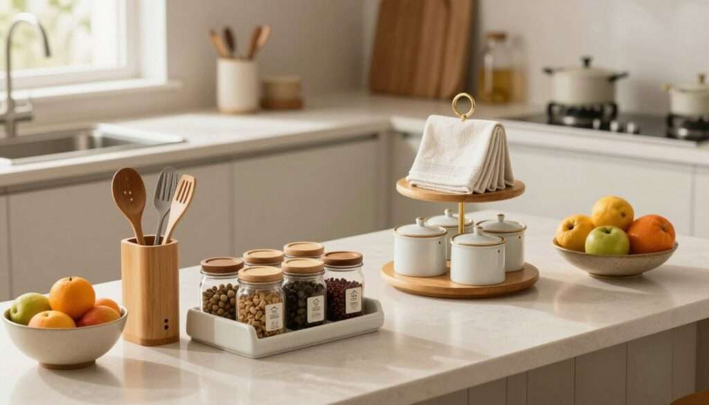 A modern kitchen countertop beautifully arranged with various stylish countertop organizers designed for a clutter-free environment. In the foreground, showcase a sleek bamboo utensil holder, a ceramic spice rack filled with labeled jars, and a vibrant fruit bowl. In the middle, feature an elegant two-tiered stand displaying dish towels and kitchen essentials, along with ceramic canisters for storage. The background includes minimalist cabinetry and a window allowing natural light to illuminate the scene. Use soft, warm lighting to create an inviting atmosphere, and capture the image from a slightly elevated angle to emphasize depth and organization. The overall mood should convey serenity and practicality, highlighting an orderly kitchen space that promotes efficiency and aesthetic appeal.