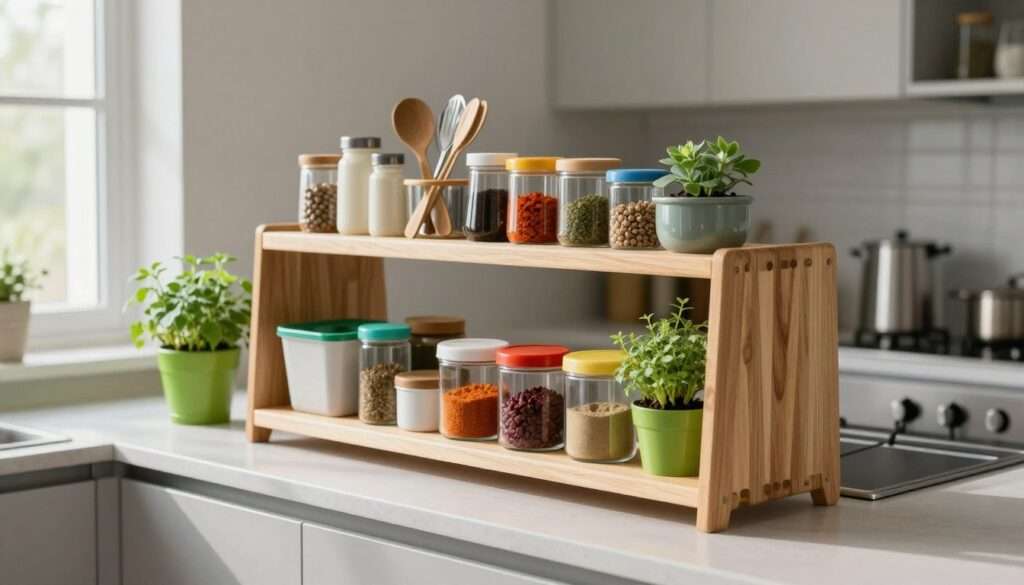A modern kitchen countertop with a neatly arranged stackable shelf unit made of light wood. The shelves are filled with colorful, organized containers holding spices, small kitchen tools, and decorative plants. In the foreground, a vibrant green herb pot sits on the top shelf, basking in soft, natural light that streams in from a nearby window. The middle section features a sleek countertop in a minimalist style, complemented by stainless steel appliances subtly blurred in the background to emphasize the shelves. The mood is calm and inviting, reflecting a tidy and efficient kitchen workspace. The image should be taken from an angle that highlights the verticality of the stackable shelves while ensuring clarity and focus on the organization theme.