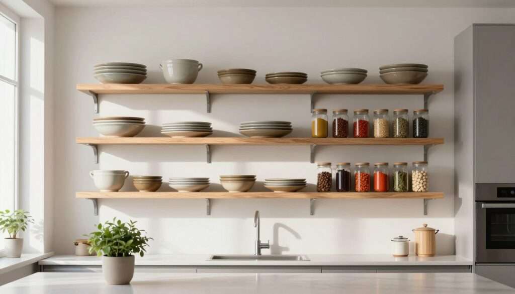 A modern kitchen featuring elegant wall-mounted shelves made of light wood with subtle grain, displaying neatly arranged rustic ceramic dishes and colorful jars filled with spices. In the foreground, a sleek countertop with a small potted plant adds a touch of greenery. The middle of the image showcases the shelves in a symmetrical arrangement, highlighting their functional design and stylish installation. Soft, natural light streams in from a nearby window, casting gentle shadows and creating a warm and inviting atmosphere. The background shows a minimalist kitchen layout with white walls and stainless steel appliances, enhancing the contemporary feel. The scene captures a blend of style and practicality, perfect for a harmonious kitchen space.