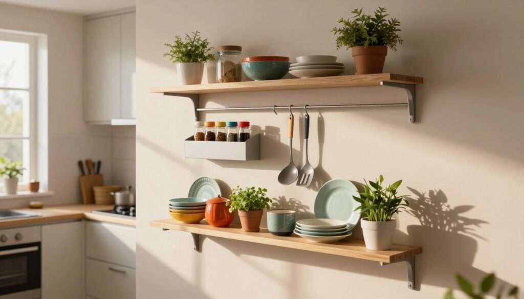A modern kitchen featuring stylish wall storage solutions ideal for small and galley kitchens. In the foreground, sleek open shelves display an array of colorful dishware, potted herbs, and chic kitchen gadgets. The middle layer includes a minimalist wall-mounted spice rack and hanging hooks with cooking utensils, creating a functional yet aesthetic storage space. The background reveals a compact, well-organized kitchen layout with natural light streaming in from a nearby window, casting soft shadows across the appliances and surfaces. Use warm, inviting lighting to enhance the cozy atmosphere of the space, shot from a slightly elevated angle to capture the depth and arrangement of the wall storage solutions.