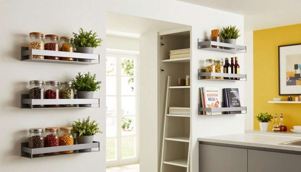 A modern kitchen interior showcasing effective vertical storage solutions. In the foreground, elegant, wall-mounted shelves hold neatly arranged spices in glass jars, potted herbs, and decorative cookbooks. In the middle, a sleek, open space featuring a tall, minimalist pantry with a ladder for easy access to high shelves. The background shows a bright, airy atmosphere with natural light filtering through a window, illuminating a vibrant wall decorated with framed art. The overall mood is fresh and organized, emphasizing functionality without sacrificing style. The angle is slightly tilted from above, allowing a comprehensive view of the vertical arrangements, highlighting their space-saving advantages. A modern kitchen interior showcasing effective vertical storage solutions. In the foreground, elegant, wall-mounted shelves hold neatly arranged spices in glass jars, potted herbs, and decorative cookbooks. In the middle, a sleek, open space featuring a tall, minimalist pantry with a ladder for easy access to high shelves. The background shows a bright, airy atmosphere with natural light filtering through a window, illuminating a vibrant wall decorated with framed art. The overall mood is fresh and organized, emphasizing functionality without sacrificing style. The angle is slightly tilted from above, allowing a comprehensive view of the vertical arrangements, highlighting their space-saving advantages.