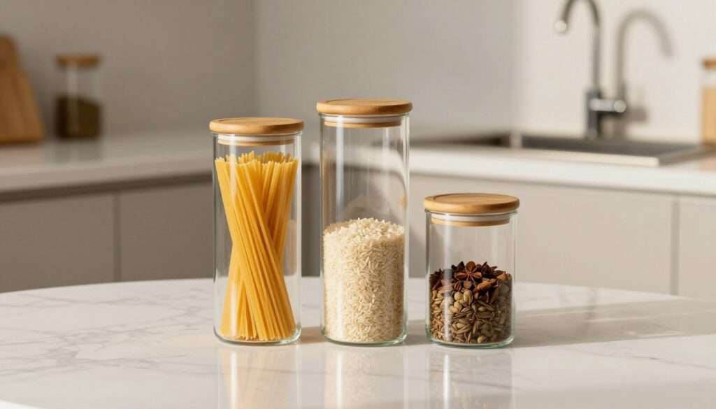 A modern kitchen scene featuring elegant glass canisters arranged neatly on a minimalistic countertop. The foreground showcases three different sizes of transparent glass canisters, each with stylish bamboo lids, filled with various kitchen staples like pasta, rice, and spices. The middle ground features a clean white marble countertop, reflecting soft natural light, enhancing the clarity of the glass. In the background, a subtle blurred view of a minimalist kitchen design, with pale gray cabinets and a clean sink. The overall mood is fresh and organized, conveying a sense of serenity and functionality in kitchen décor. The lighting should be warm and inviting, reminiscent of a sunny afternoon. Use a shallow depth of field to maintain focus on the canisters while softly blurring the background elements.