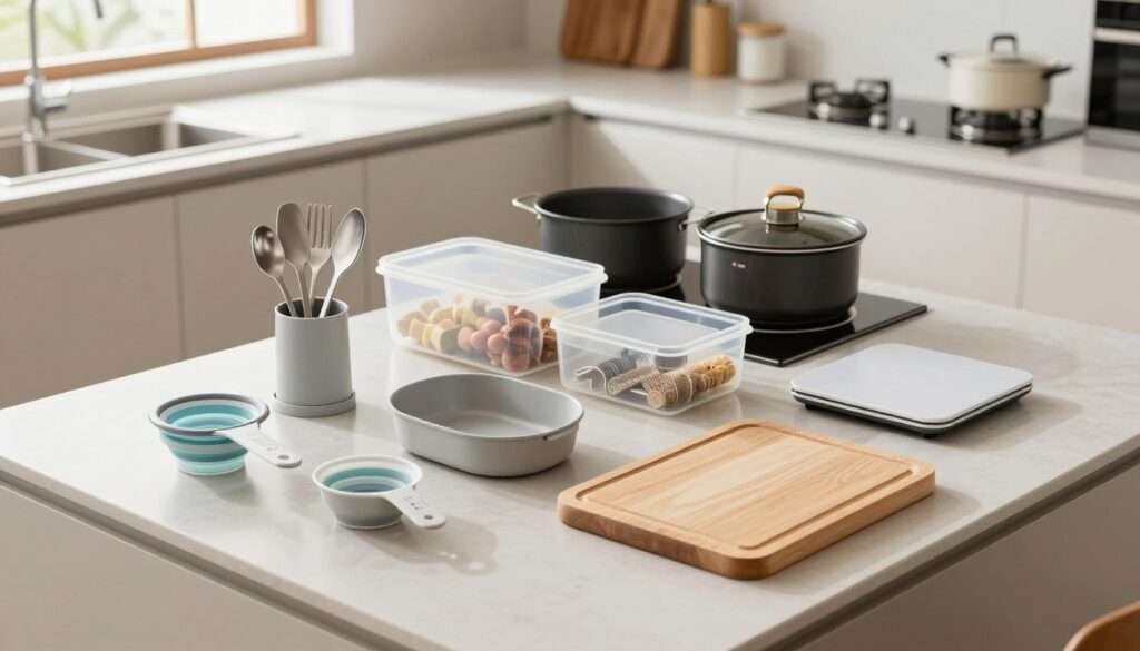 A modern kitchen scene showcasing innovative space-saving cooking and prep tools designed to reduce clutter. In the foreground, display a set of multi-purpose kitchen gadgets such as a collapsible measuring cup, a stacking utensil holder, and a cutting board that doubles as a strainer. In the middle, feature a sleek countertop with neatly organized pots and pans, smart storage containers, and a compact kitchen scale. In the background, a well-lit, minimalistic kitchen with soft natural light streaming through a window, illuminating the tools. Use a slightly elevated angle to capture the organized layout, conveying a mood of efficiency and practicality, emphasizing a clean and inspiring cooking environment without any text or distractions.