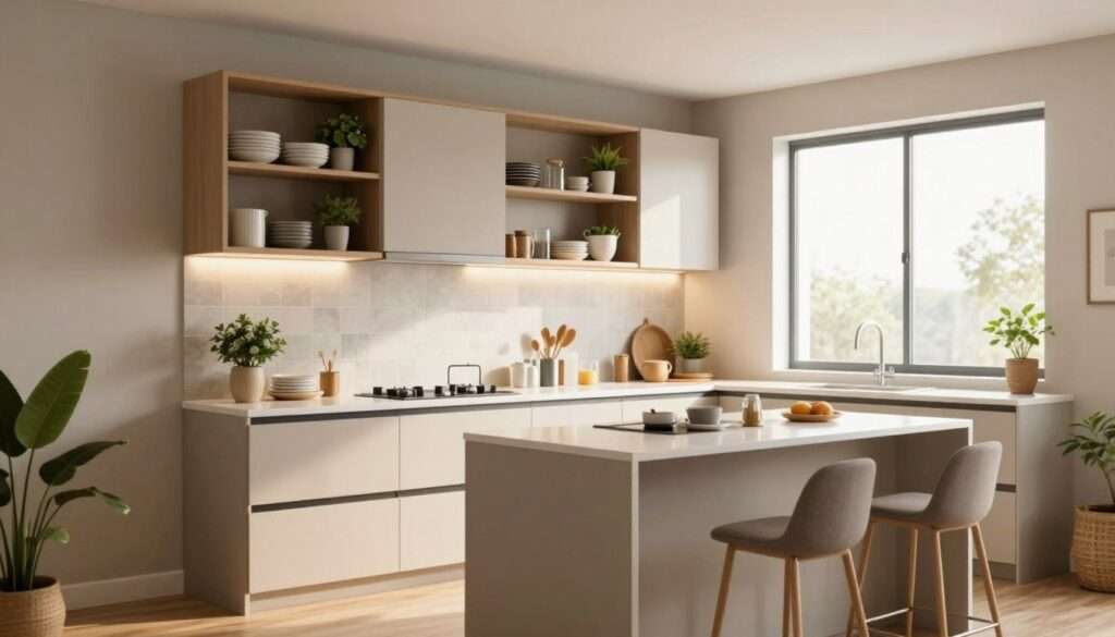 A modern small space kitchen design features efficient layouts and smart storage solutions. In the foreground, a sleek, minimalistic kitchen island with bar stools creates an inviting seating area. The middle ground showcases compact cabinets with open shelving, filled with neatly arranged dishware and plants for a touch of greenery. A stylish backsplash adds a pop of color. In the background, a large window allows natural light to flood the space, creating a bright and airy atmosphere. The lighting is warm and soft, accentuating the contemporary finishes. The scene has an inviting yet functional feel, perfect for maximizing small kitchen spaces. The entire composition is framed from a slight angle to capture all elements harmoniously, emphasizing the smart layout and cozy ambiance.