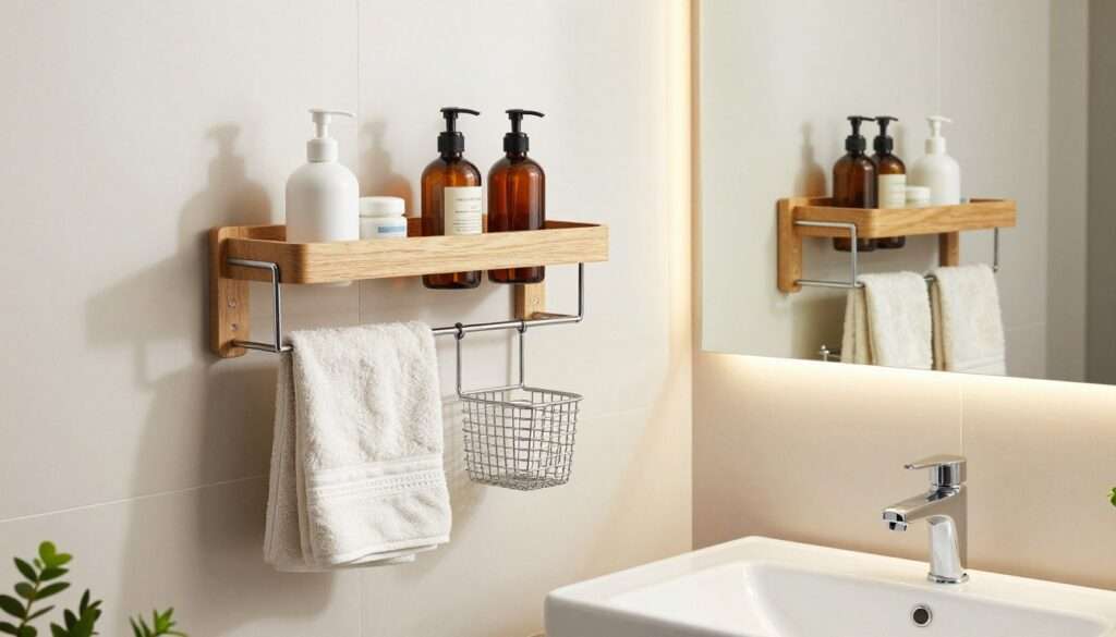 A modern, wall-mounted bathroom organizer set against a bright, minimalist bathroom setting. The foreground features sleek, stylish organizers made of wood and metal, showcasing a combination of shelves, hooks, and baskets, neatly arranged to hold toiletries and towels. The middle of the scene includes a white ceramic sink and a large mirror reflecting the organizers, emphasizing their functionality. Subtle lighting creates a warm and inviting atmosphere, with soft shadows adding depth to the scene. The background features light-colored tiles and a hint of greenery from a small potted plant, enhancing the tranquility of the space. The composition is well-balanced, showcasing the practicality and aesthetic appeal of renter-friendly organizers, all without any drilling required.