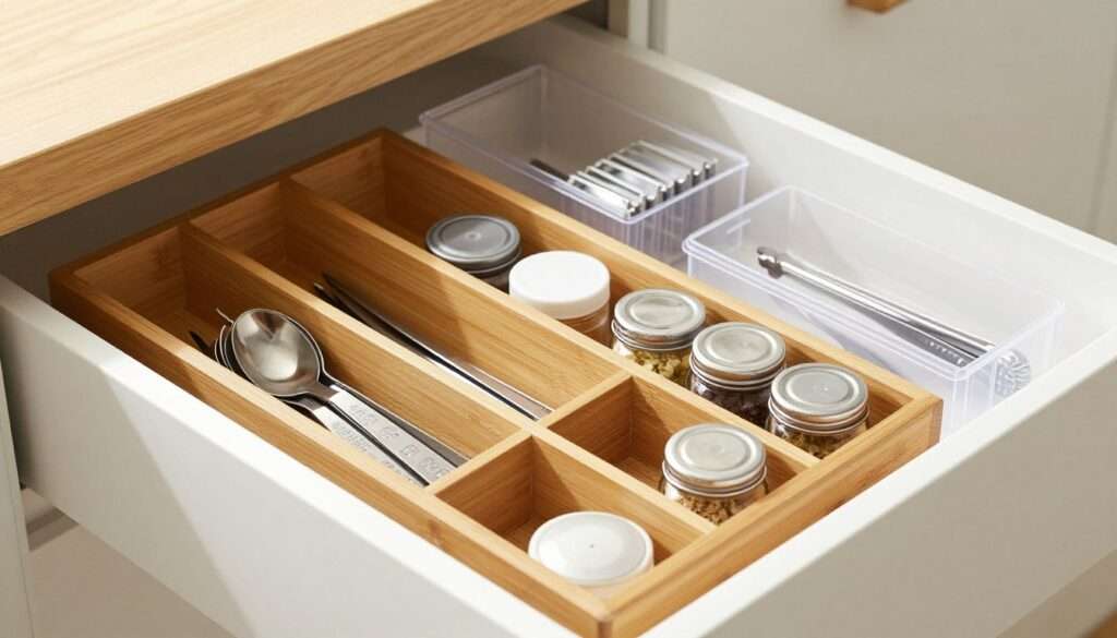 A neatly organized kitchen drawer filled with various drawer dividers, showcasing a practical and budget-friendly approach to small-item containment. In the foreground, view a set of bamboo dividers perfectly fitting the small drawer, sectioning off utensils, measuring spoons, and spice jars. In the middle ground, display additional dividers made of clear plastic, holding smaller kitchen gadgets and knife holders. The background should show hints of a simple wooden kitchen environment, with soft, natural light streaming in, creating a warm and inviting atmosphere. Use a slightly angled top-down perspective to emphasize the organization and clarity of the drawer, allowing the viewer to appreciate how easily items can be accessed. No text or watermarks are included in the image. A neatly organized kitchen drawer filled with various drawer dividers, showcasing a practical and budget-friendly approach to small-item containment. In the foreground, view a set of bamboo dividers perfectly fitting the small drawer, sectioning off utensils, measuring spoons, and spice jars. In the middle ground, display additional dividers made of clear plastic, holding smaller kitchen gadgets and knife holders. The background should show hints of a simple wooden kitchen environment, with soft, natural light streaming in, creating a warm and inviting atmosphere. Use a slightly angled top-down perspective to emphasize the organization and clarity of the drawer, allowing the viewer to appreciate how easily items can be accessed. No text or watermarks are included in the image.