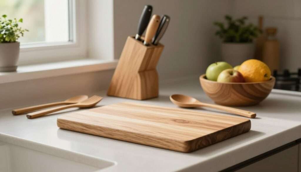 A serene and warm minimalist kitchen setting, featuring a collection of beautifully crafted wooden kitchen accessories. In the foreground, a simple cutting board made of rich oak is elegantly displayed alongside a set of bamboo utensils and a wooden bowl filled with fresh fruits. The middle area showcases a sleek wooden knife block and a rustic rolling pin, all set against a backdrop of neutral-toned countertops and soft, natural light filtering through a nearby window. The background features subtle hints of potted herbs and a neutral-colored backsplash to enhance the inviting atmosphere. The overall mood conveys a sense of tranquility and simplicity, perfect for a minimalist kitchen design, with soft shadows and a warm glow.