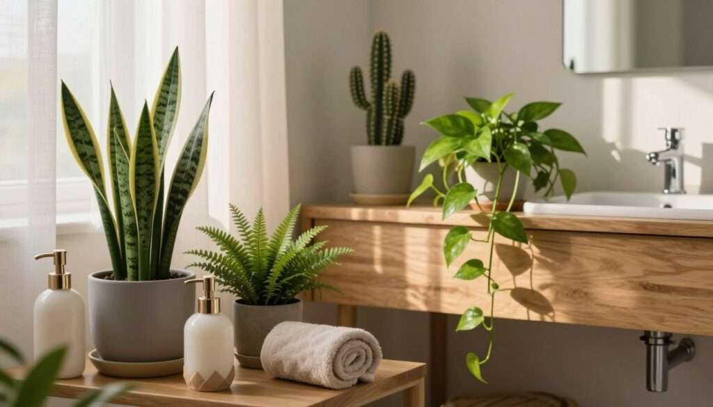 A serene bathroom setting featuring a variety of lush, green plants. In the foreground, a small shelf holds stylish pots with snake plants and ferns, complementing elegant bathroom accessories like a decorative soap dispenser and a soft, rolled towel. The middle ground showcases a wooden vanity, adorned with a compact potted cactus and a vibrant pothos trailing over the edge. The background features light, airy curtains softly filtering natural sunlight, casting gentle shadows and creating a calming atmosphere. The overall mood is fresh and inviting, ideal for clutter-free small spaces. Focus the scene with a slight depth of field, highlighting the plants, and use soft, warm lighting to enhance the tranquility of the space. A serene bathroom setting featuring a variety of lush, green plants. In the foreground, a small shelf holds stylish pots with snake plants and ferns, complementing elegant bathroom accessories like a decorative soap dispenser and a soft, rolled towel. The middle ground showcases a wooden vanity, adorned with a compact potted cactus and a vibrant pothos trailing over the edge. The background features light, airy curtains softly filtering natural sunlight, casting gentle shadows and creating a calming atmosphere. The overall mood is fresh and inviting, ideal for clutter-free small spaces. Focus the scene with a slight depth of field, highlighting the plants, and use soft, warm lighting to enhance the tranquility of the space.